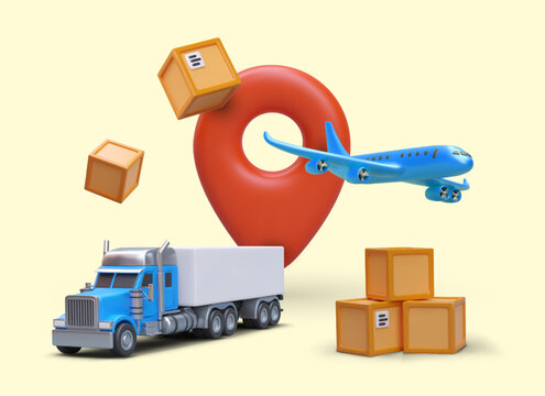 Advertising poster with 3d truck, different parcels and airplane. Fast delivery to destination with different transport. Colorful vector illustration with yellow background