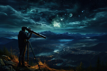 Man looking through a astronomy telescope at the stars at night sky, Milky way galaxy, AI...