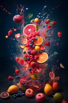 Explosi&oacute;n de fruta fresca y zumo de frutas en fondo oscuro.