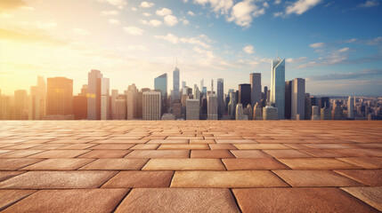 Fototapeta premium Empty brick floor with cityscape and skyline background. Generative Ai