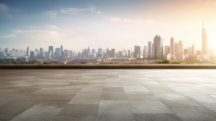 Obraz premium Empty cement floor with cityscape and skyline background. Generative Ai
