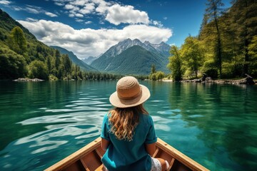 Summer vacation concept, happy girl in hat relaxing on a boat on a mountain lake