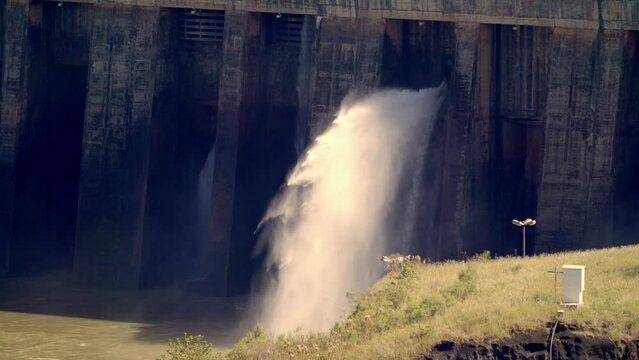 Extreme Water Current Flowing Through Spillway Of Itaipu Hydroelectric Dam On The Border Between Brazil And Paraguay. slowmo
