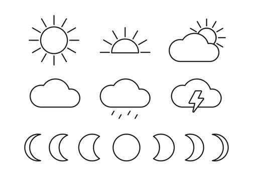 Weather sun, cloud and moon line icon set. Environment sunshine, thunder, cloud. Vector sign