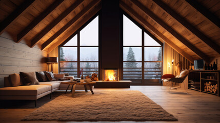 Empty of Cozy modern winter living room interior with a modern fireplace in a chalet. Generative Ai