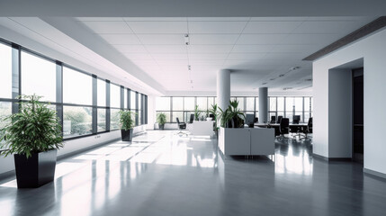 Empty office, Modern corporate open office in minimalist modern design in whites and greys....