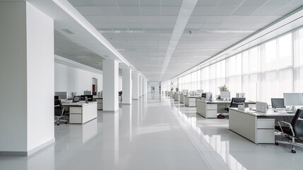 Naklejka na ściany i meble Empty office, Modern corporate open office in minimalist modern design in whites and greys. Generative Ai