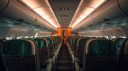 Empty passenger airplane seats in the cabin. Interior of passenger plane. Generative Ai