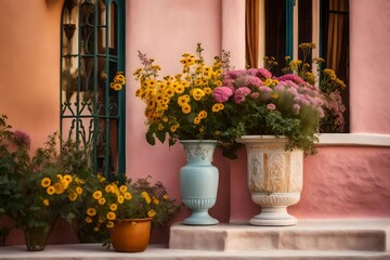 Elegant Wildflowers Realistic High-Detail Photograph Against a Blush-Pink Stucco Home