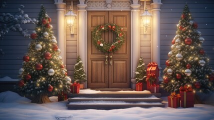 Fototapeta na wymiar A Christmas wreath is hanging on the front door