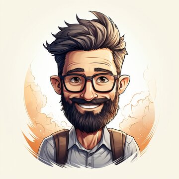 Fr&ouml;hliches Cartoon-Portrait eines Mannes mit Vollbart im mittleren Alter
