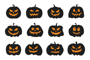 Set funny and scary pumpkins with faces, isolated on white background. Vector illustration, traditional Halloween decorative elements. Halloween silhouettes black pumpkin character - for design decor.