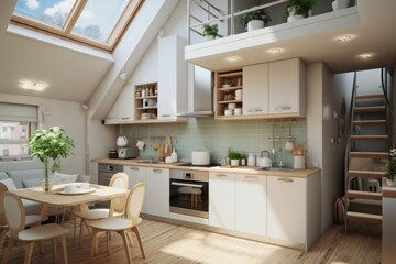 The interior of a small kitchen with a dining table and a staircase leading to the second floor