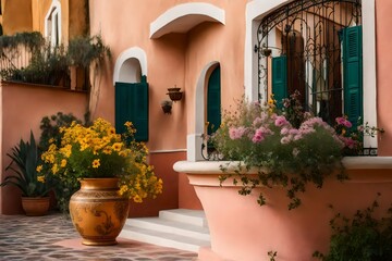 Fototapeta na wymiar Elegant Wildflowers Realistic High-Detail Photograph Against a Blush-Pink Stucco Home