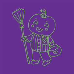 Jack-O-Lantern Pumpkin Head with broom. illustration for Halloween on purple