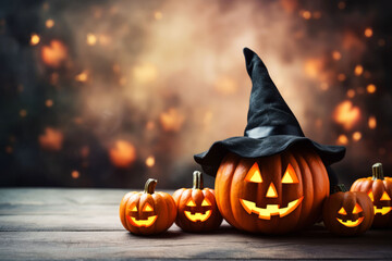 Funny jack-o-lantern pumpkins with witch hat as Halloween background
