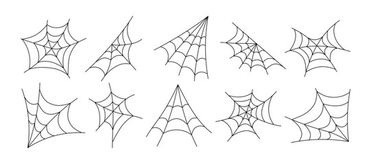 Set spider web, cobweb, isolated on white background. Vector illustration, traditional Halloween decorative elements. Halloween silhouettes black line spiderweb or cobweb - for design decor.