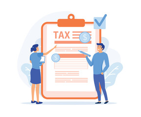 Taxation planning concept. Characters using tax calendar to filling tax declaration form online and with financial advice, flat vector modern illustration 