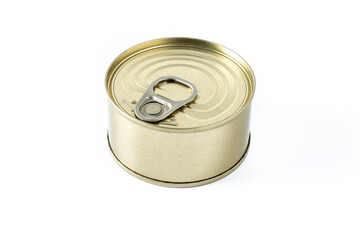 Various canned food in metal cans isolated on white background