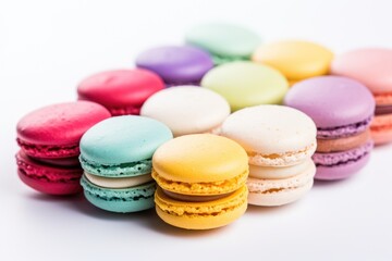 Fototapeta na wymiar Multicolored macaroons spread out on a white table