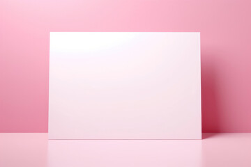 A mock-up of a white postcard stands on a pink table
