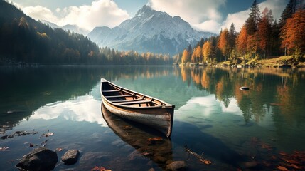 Tranquil Mountain Lake with Canoe Floating on the Surface beautiful landscape photo - obrazy, fototapety, plakaty