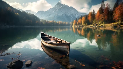 Zelfklevend Fotobehang Tranquil Mountain Lake with Canoe Floating on the Surface beautiful landscape photo © JetHuynh