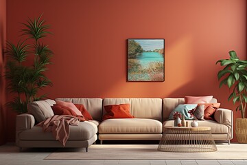 Coral or terracotta living room accent sectional sofa. The walls are dark beige. great art gallery location. Colorful house interior mockup