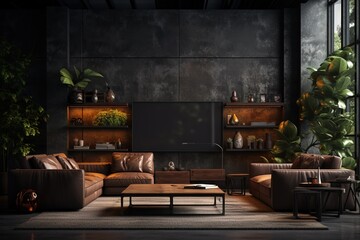Modern dark home interior background, wall mock up,