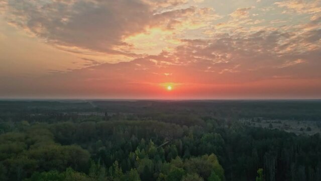 Sunset views over Prypiat city in Chernobyl Exclusion Zone of Ukraine. 