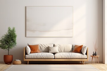 Mock up modern interior sofa in living room, empty wall - obrazy, fototapety, plakaty