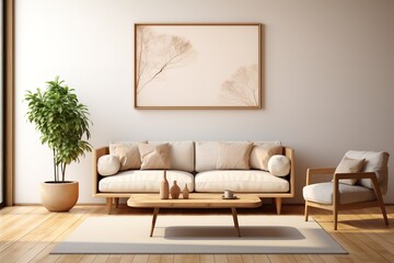 Warm and cozy interior of living room space with brown sofa, pouf, beige carpet, lamp, mock up poster frame, decoration, plant and coffee table. Cozy home décor