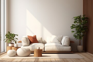 Warm and cozy interior of living room space with brown sofa, pouf, beige carpet, lamp, mock up poster frame, decoration, plant and coffee table. Cozy home décor