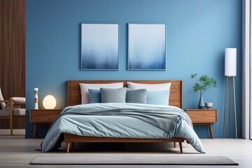 Stylish bedroom interior in trendy blue