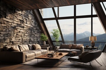 Modern interior of a living room. Penthouse Loft with dark stone walls