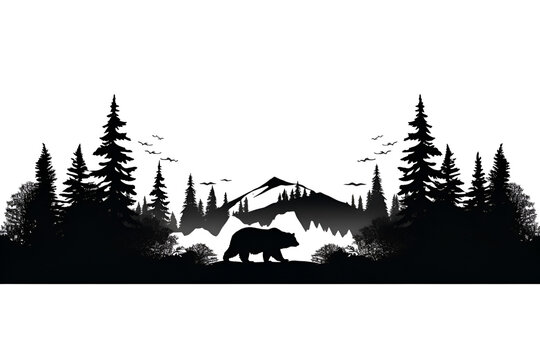 illustration of a landscape with silhouette of a bear 