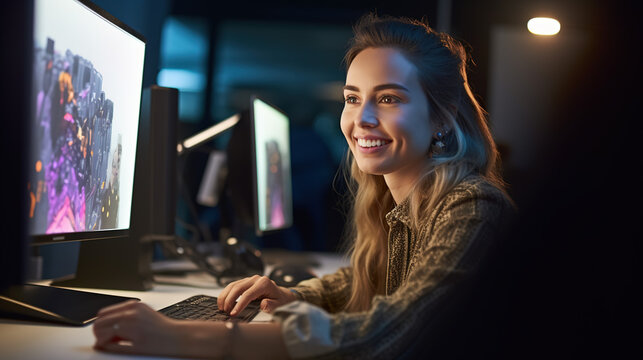 A digital artist or retoucher, in front of a desk with monitors
