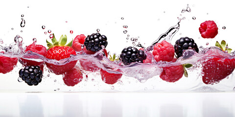 A splash of mixed berries including strawberries, blackberries, and raspberries on a white background. Ripe and juicy fruits in a dynamic and refreshing image.