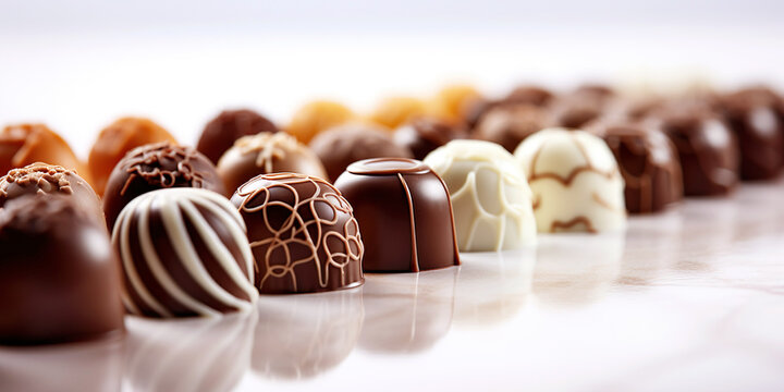 A selection of praline chocolates arranged in an elegant display. These sweet delicacies are a luxurious indulgence and a perfect treat for chocolate lovers.