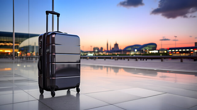 business travel with suitcase and airport background