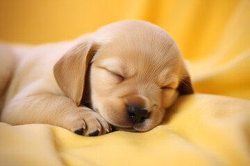 golden retriever puppy sleeping yellow theme - obrazy, fototapety, plakaty