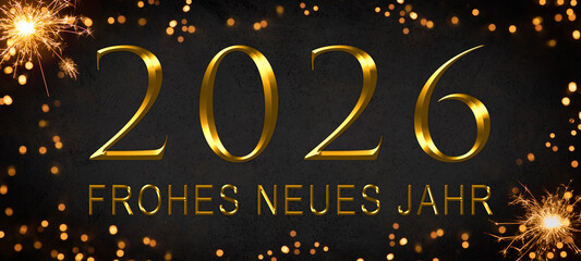 Frohes neues Jahr 2026, Neujahr Grußkarten Feier Karte mit Text, deutsch - Goldene Jahreszahl, Bokeh-Lichter und Wunderkerzen, schwarzer Hintergrund - obrazy, fototapety, plakaty