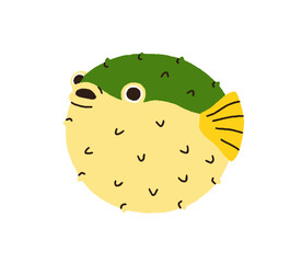 Cute funny spiked puffer fish. Exotic tropical pufferfish, blowfish. Round spiky balloonfish. Sea marine water animal of sphere shape. Flat vector illustration isolated on white background © Good Studio