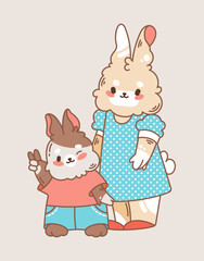Family shopping. Mom rabbit with son with a shopping basket, bananas, paper bag. Cute vector illustration for store sales.