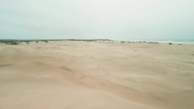 Wide Aerial drone shot of dune fencing to control wind erosion and encourage  dune stability at the South Padre Island Coast 