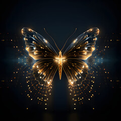 a butterfly consisting of points and lines on a dark background, abstract glowing butterfly 