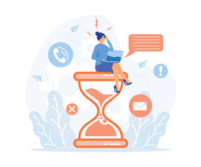 stress in the office, ired and exasperated business woman is sitting on an hourglass and grabbed his head with business process. flat vector modern illustration