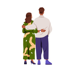 Love couple hugging, standing, back view. Romantic man and woman partners embracing from behind, looking together. Sweet enamored people. Flat graphic vector illustration isolated on white background