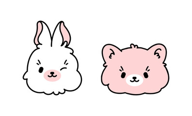 Cute vector faces of a rabbit, bunny, bear, kitten for decorating children's rooms. Funny stickers for girls in white and pink.