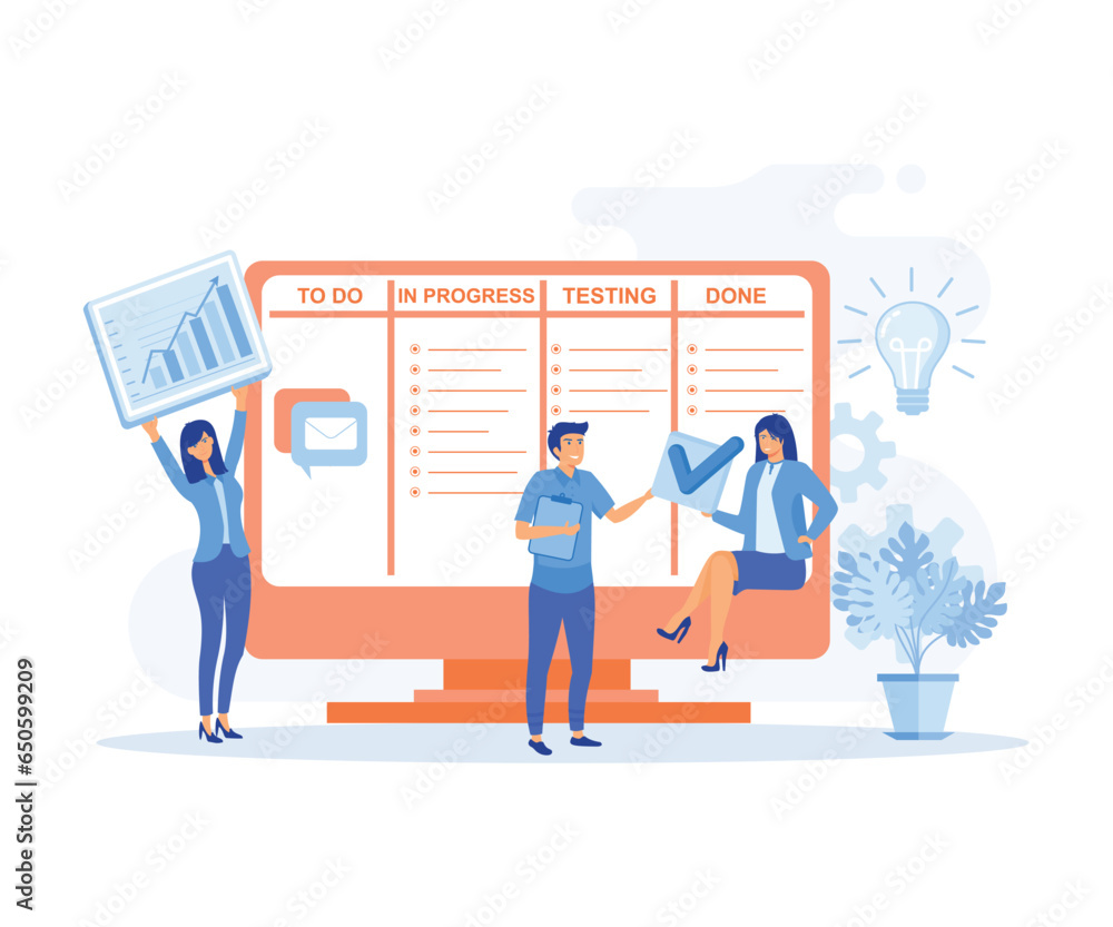 Poster work flow organization. office work and time management. teamwork communication process, agile proje